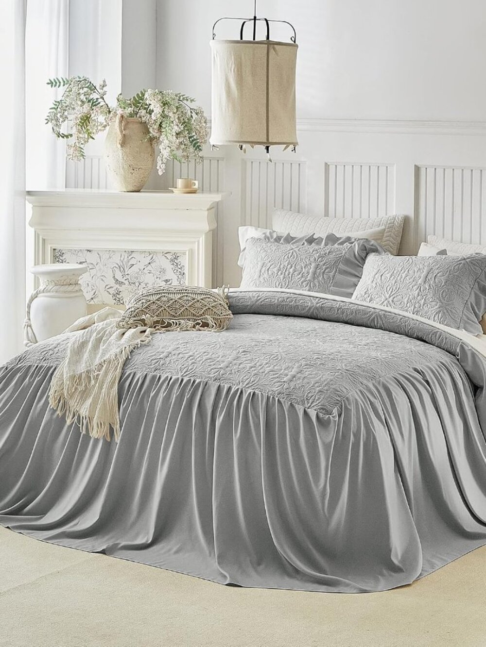 Ruffle Skirt Bedspread Set Floral Design - 30" Long Drop - Vintage Chic Ruffled